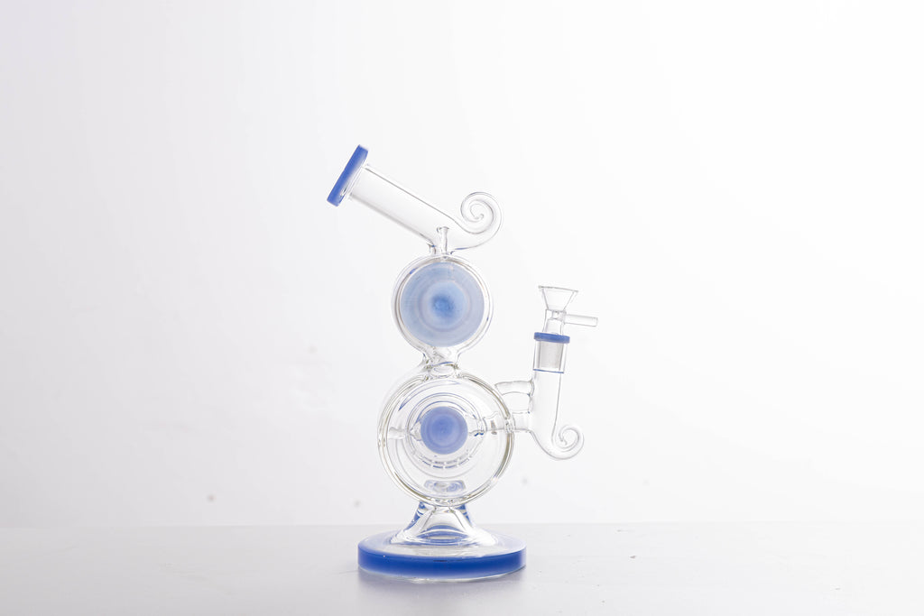 Double Recycler Glass Bong with Percolator – Thick Borosilicate Water Pipe, Unique Blue Accent Hookah for Smooth Smoking Experience