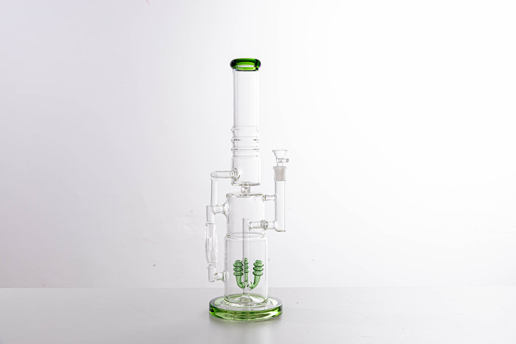 Premium Thick Glass Water Pipe with Dual Percolators – Green Accent