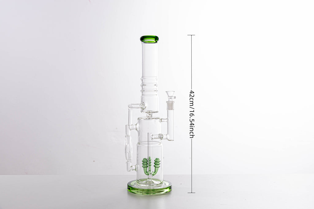 Premium Thick Glass Water Pipe with Dual Percolators – Green Accent